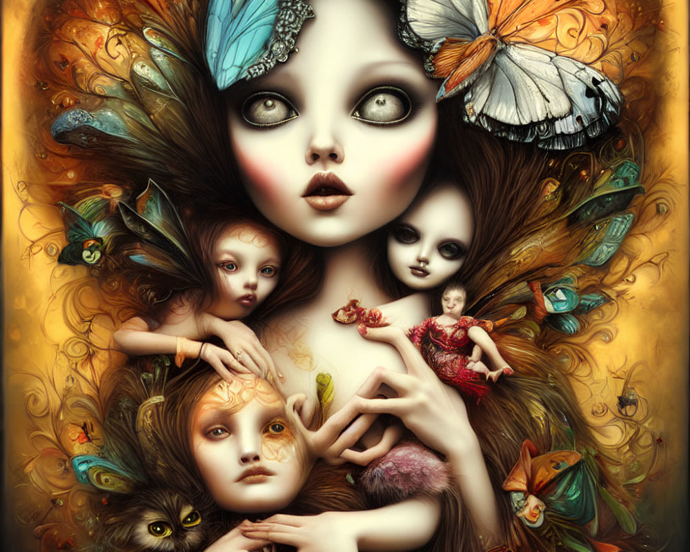 Fantasy art with central female figure and butterfly-winged characters