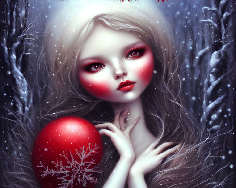 Ethereal woman with red lips holding red ornament in snowy forest