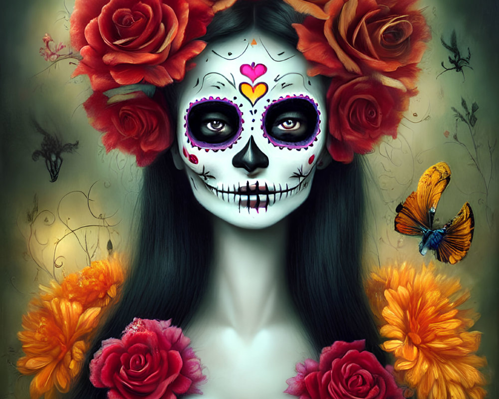 Woman with Day of the Dead makeup, skull face paint, red rose crown, and butterfly illustration