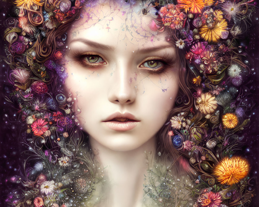 Woman's Face in Floral Wreath with Cosmic Background