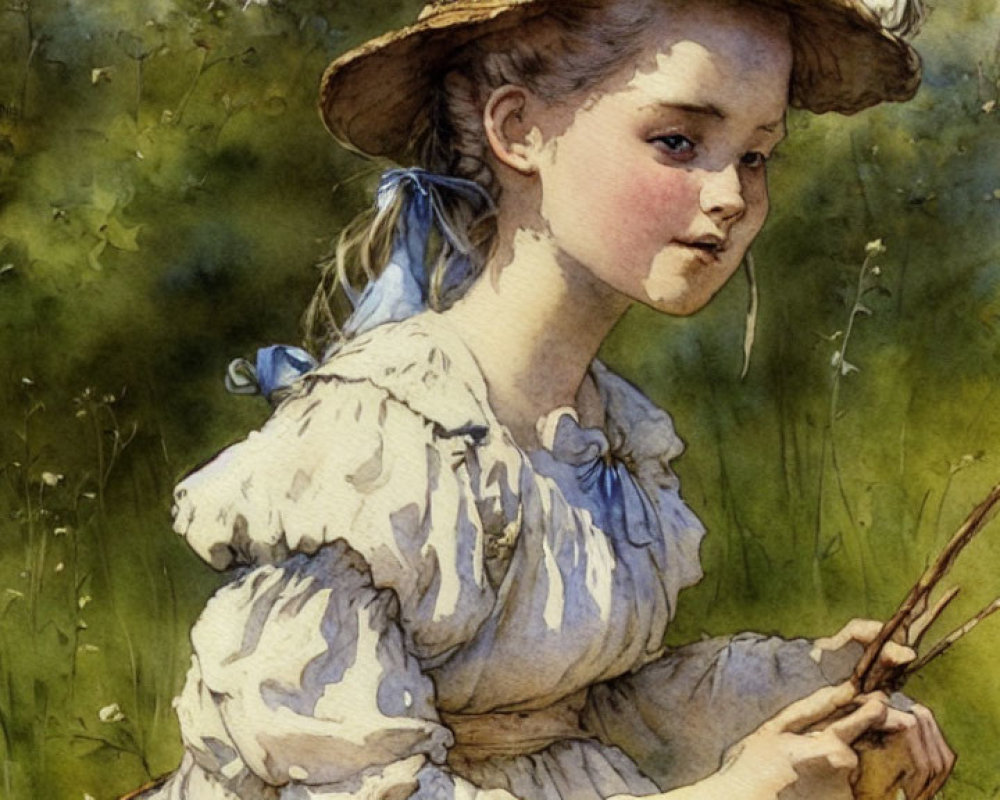 Vintage illustration of young girl in straw hat with twigs in idyllic greenery.