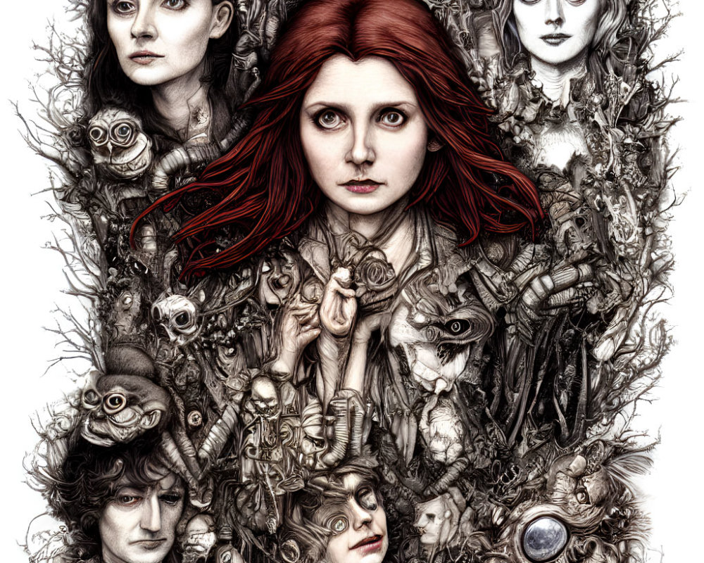 Detailed surreal drawing: Woman with red hair surrounded by faces, flowers, animals.