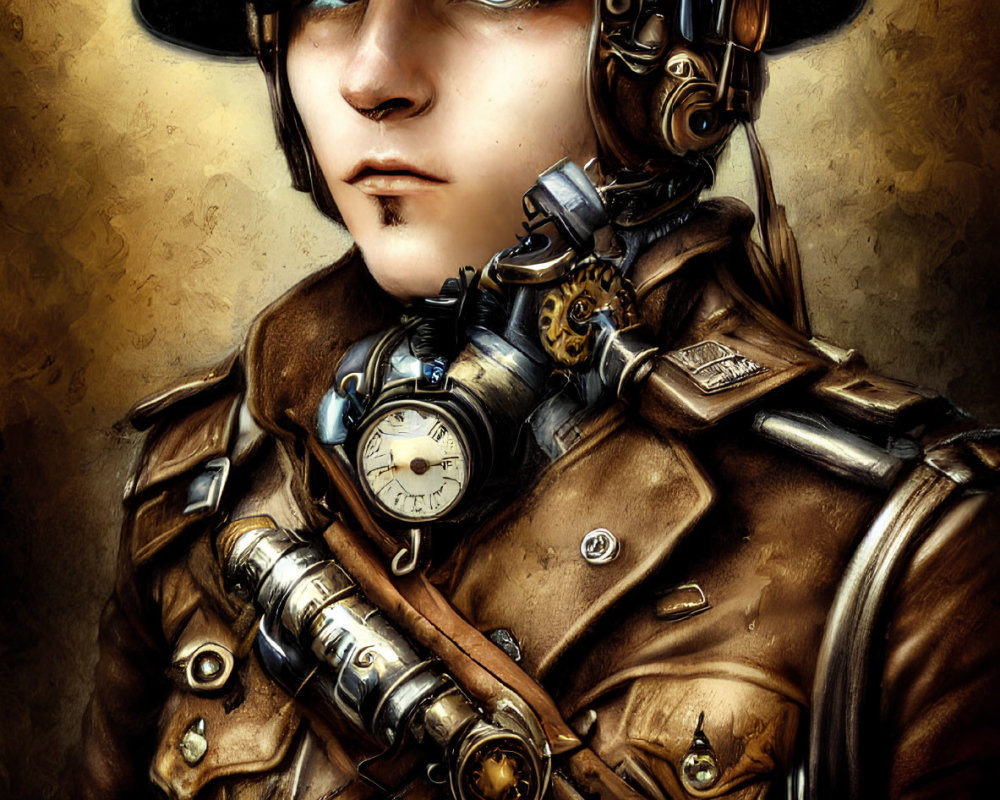 Steampunk-inspired portrait of person with blue eyes in gear-adorned helmet and brass-fitted