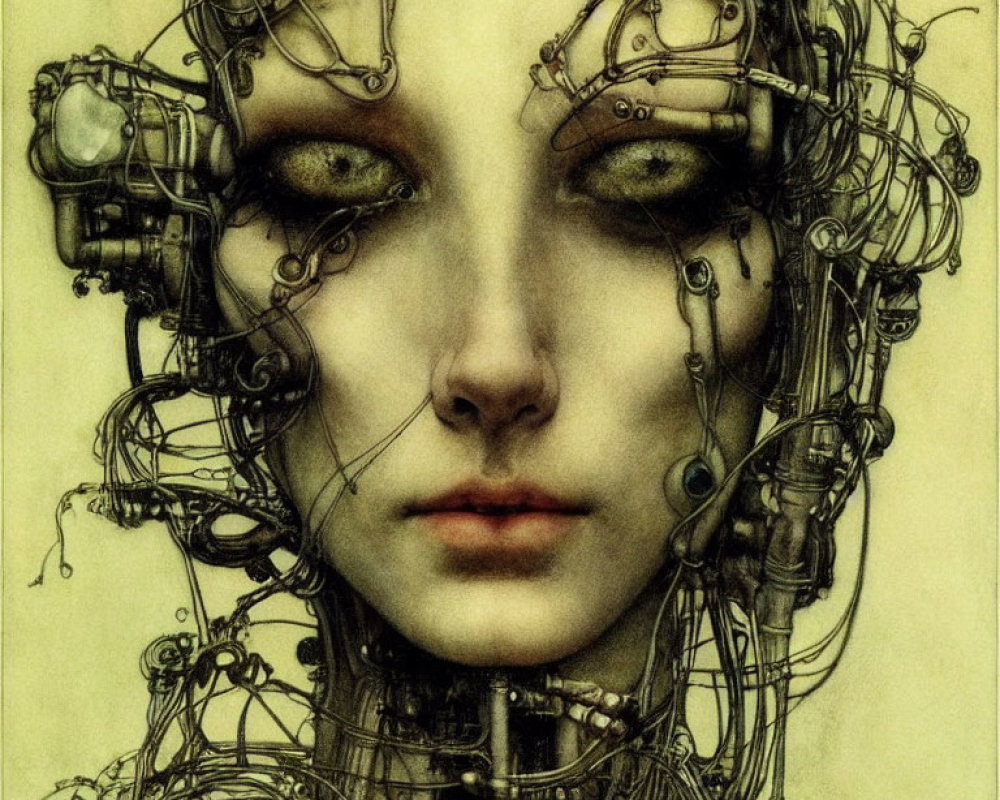 Detailed illustration of female humanoid with cybernetic enhancements and intricate wires.