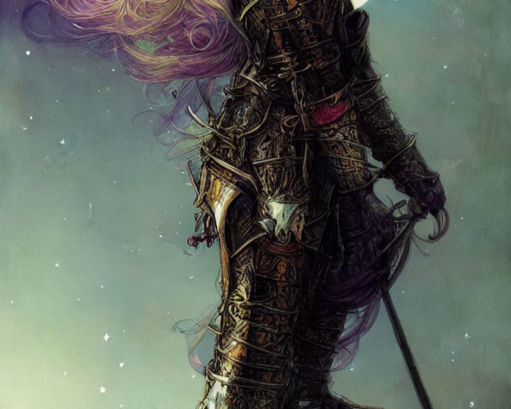 Armored knight with intricate designs under night sky and flowing hair.