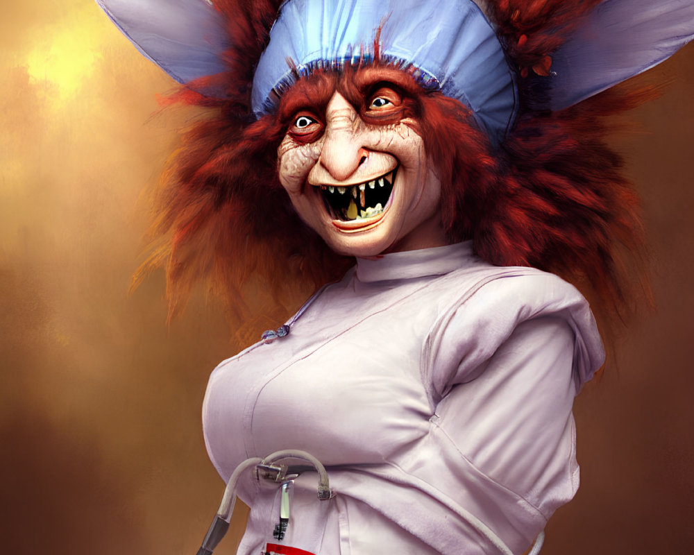 Fantasy creature with large ears, sharp teeth, red eyes in nurse's outfit with syringe