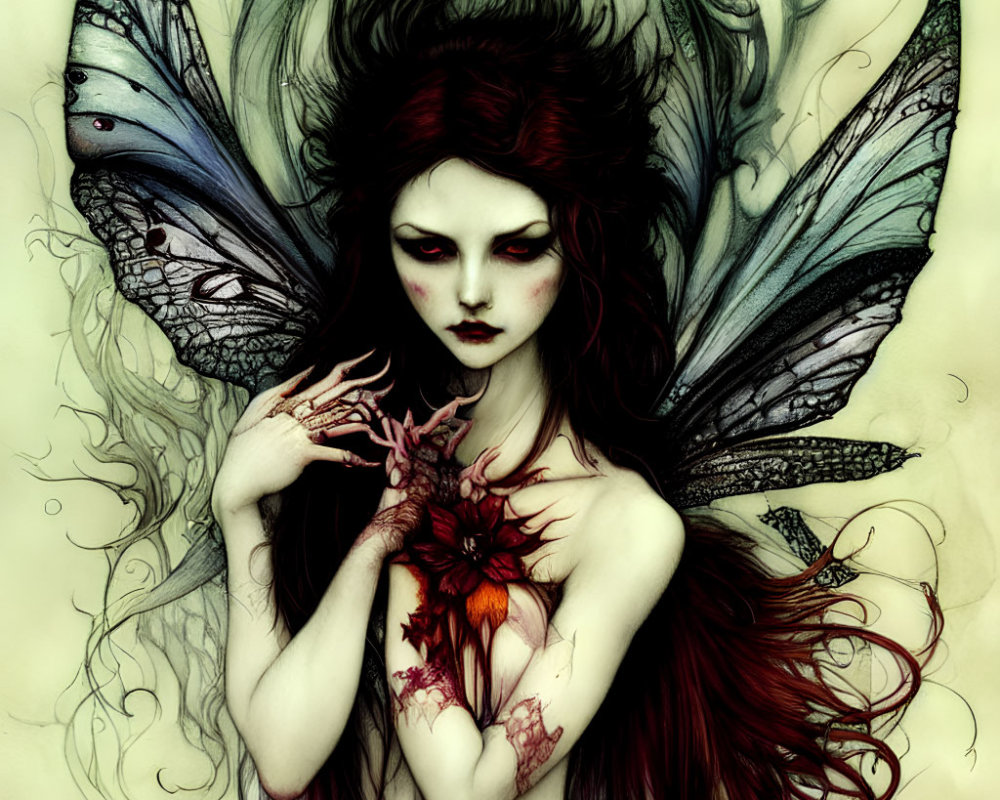 Gothic fairy illustration with dark hair, butterfly wings, pale skin, and red eyes holding a