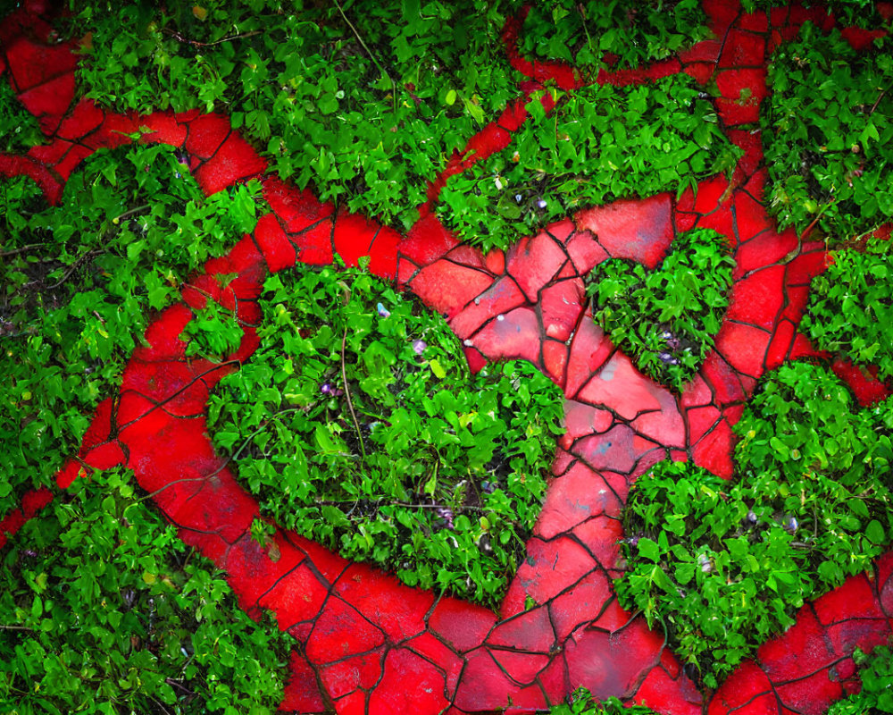 Red Cracked Earth Contrasted with Heart-Shaped Green Foliage