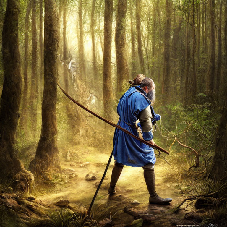 Elderly Bearded Archer in Medieval Attire Walking Through Sunlit Forest