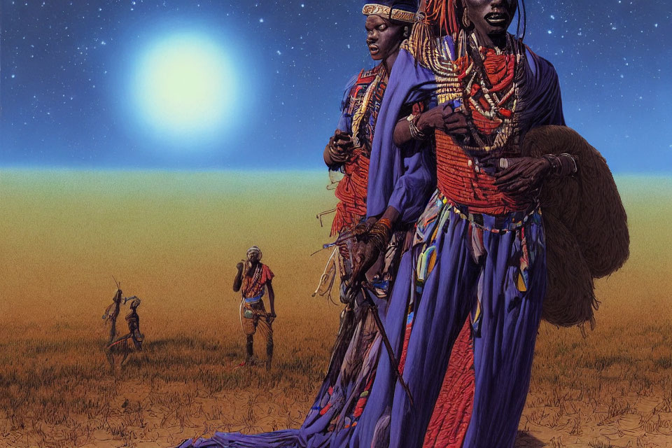 Traditional Maasai tribespeople in savanna landscape with bright celestial object