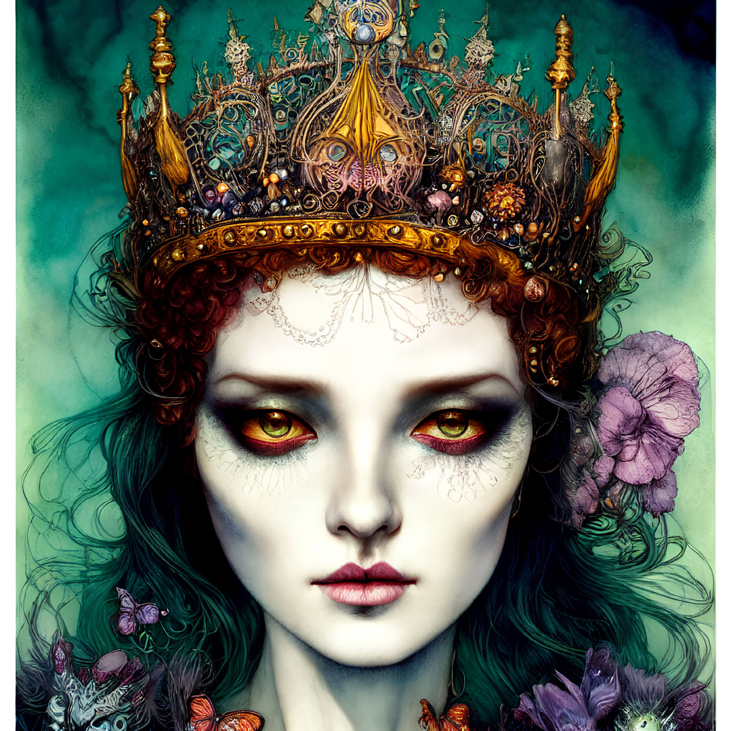 Illustrated female figure with green hair, golden crown, red eyes, and purple flowers.