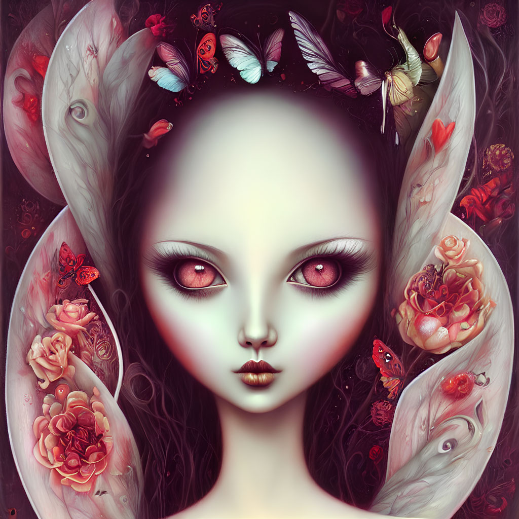 Female figure with oversized red eyes, butterflies, and blooming flowers in surreal portrait