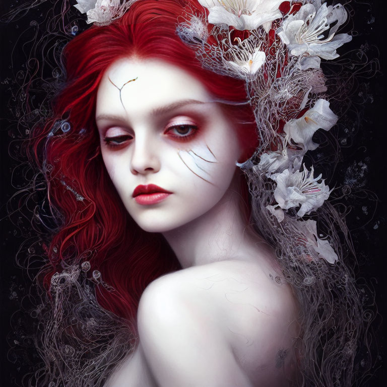 Fantasy portrait of woman with red hair, pale skin, and floral hairpiece