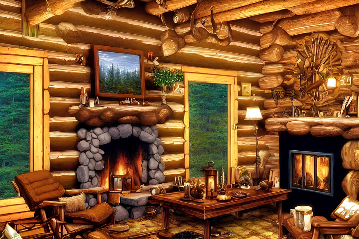 Rustic log cabin interior with fireplace, wooden furniture, forest views