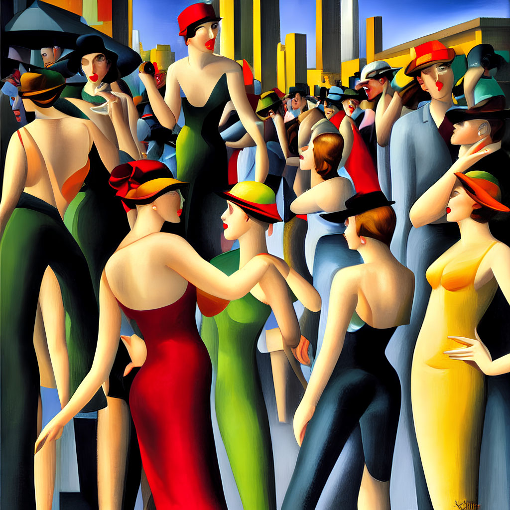 Vibrant painting featuring stylized people in fashionable attire and cityscape.