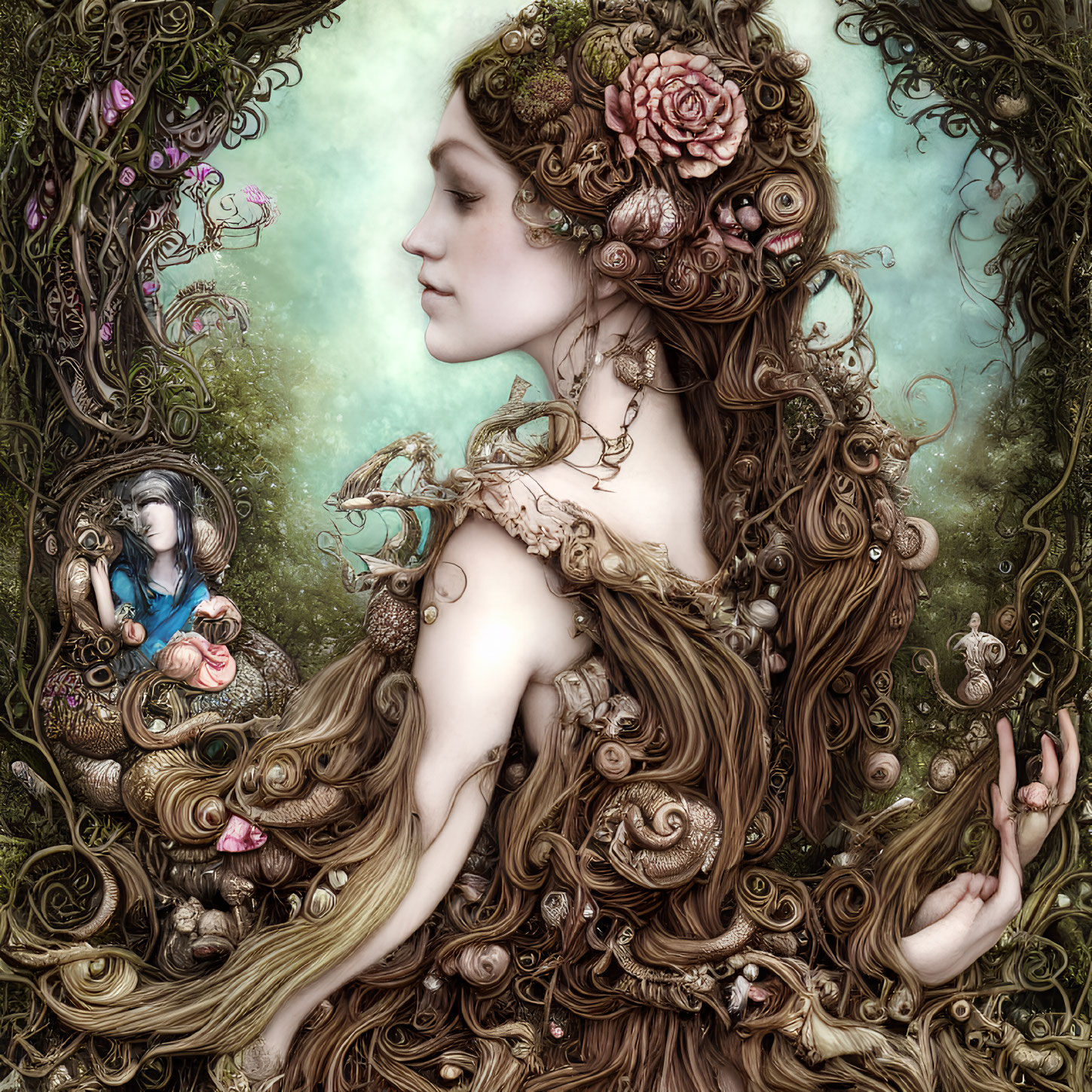 Fantasy illustration of woman with elaborate floral hair and whimsical creatures