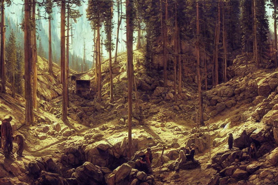 Sunlit forest clearing with figures, cabin, rocks & tall trees