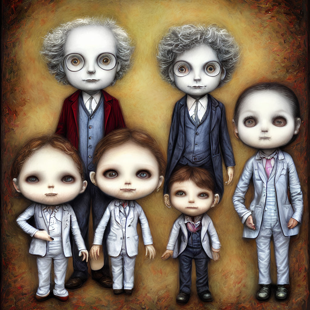 Six stylized characters in vintage suits with oversized heads and expressive eyes against textured background