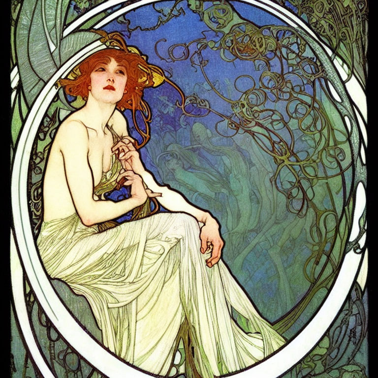 Art Nouveau Woman Illustration in Ornate Circular Frame