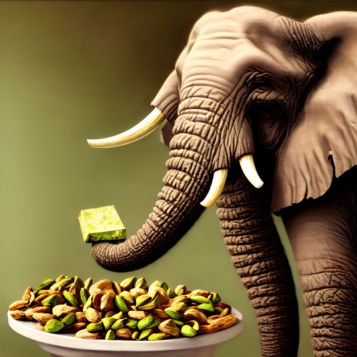 Elephant balancing gift over pistachios on sepia background