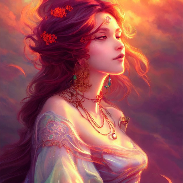 Ethereal woman with flowing hair and red flower adornments in radiant setting