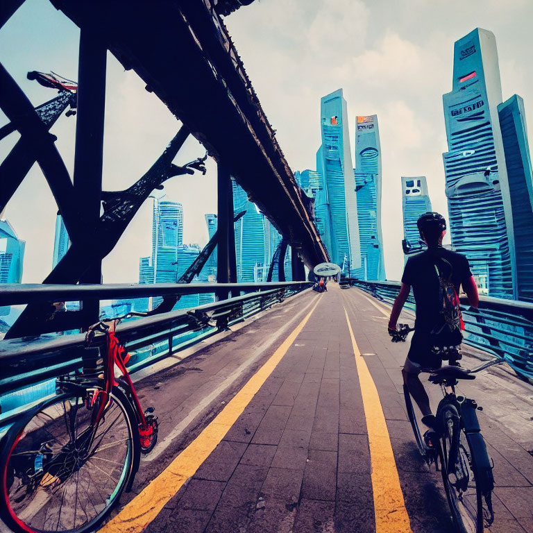 Urban cyclist on bridge overlooking modern city skyline with skyscrapers under cloudy sky