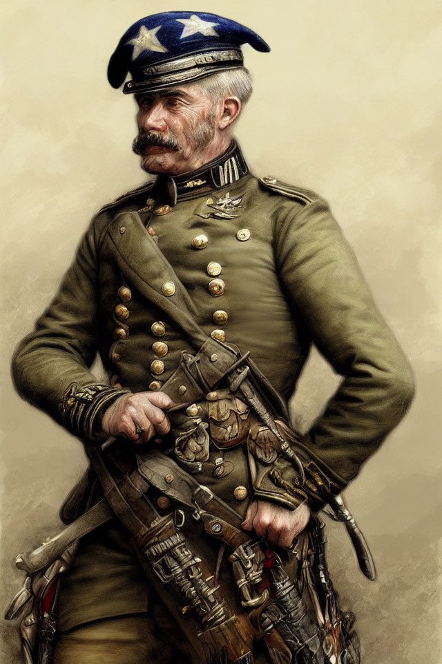 Distinguished military officer with mustache, medals, revolver, and kepi cap