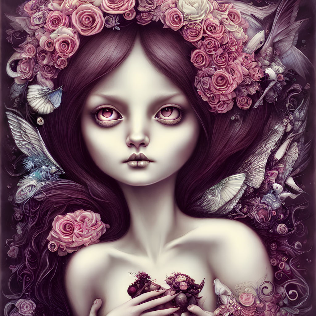 Fantasy female figure with large eyes, vibrant flower crown and butterflies