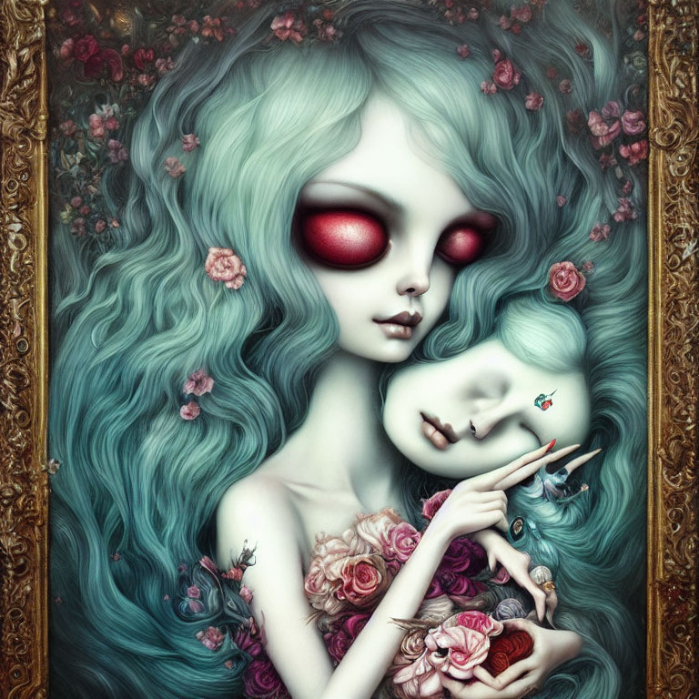 Gothic fantasy art: Pale female figure with sea-green hair, red eyes, roses, delicate