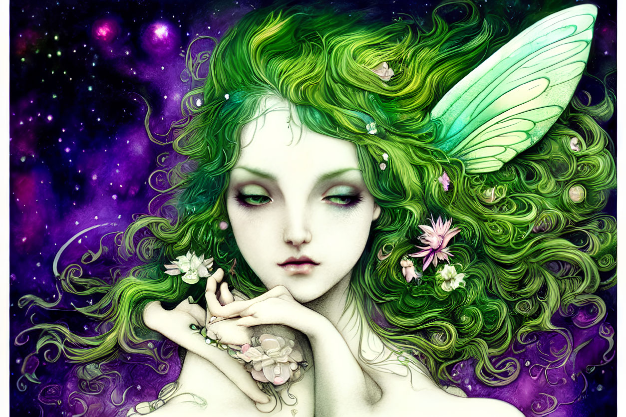 Feminine figure with green hair and fairy wings in fantasy illustration