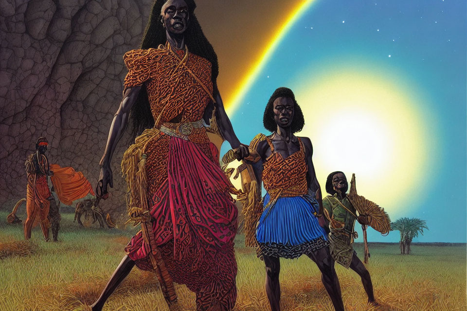 Three African warriors in traditional attire against colorful sky and landscape