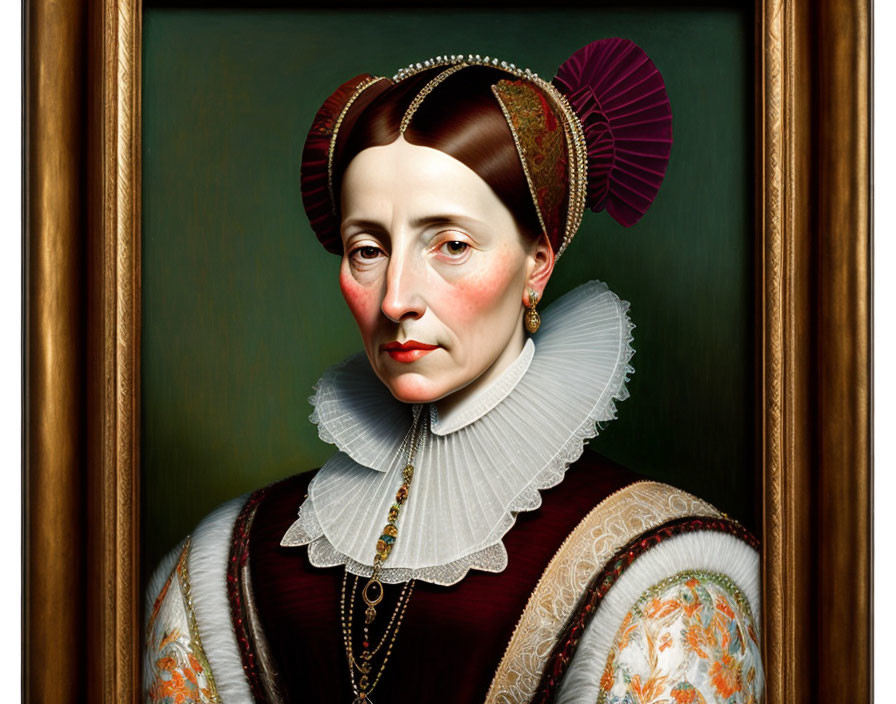 Portrait of woman in ruff collar, dark dress with floral embroidery, and burgundy headgear