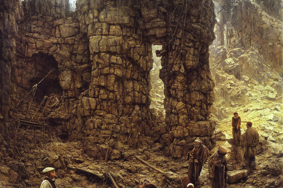 Detailed painting of ancient stone ruins in desolate landscape