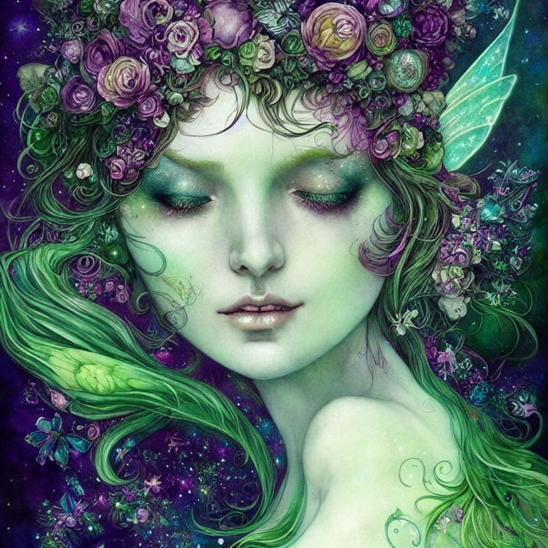 Fairy with closed eyes, floral crown, butterfly wings in mystical setting