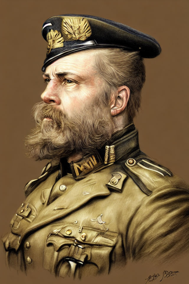 Military officer illustration with large beard and decorated uniform.