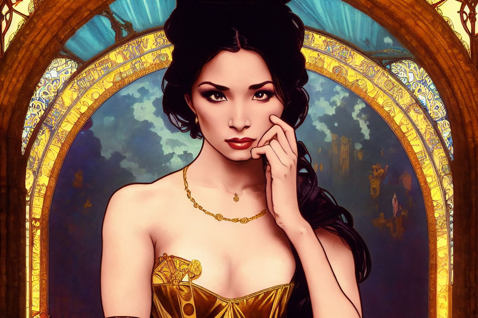 Illustrated portrait of woman in golden dress against stained glass background