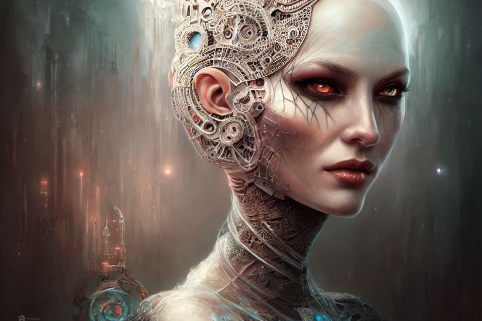 Female Cyborg with Intricate Mechanical Parts in Futuristic Cityscape