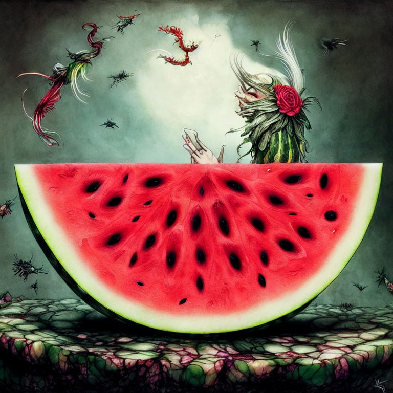 Illustration of large watermelon slice with tiny figures in ethereal setting