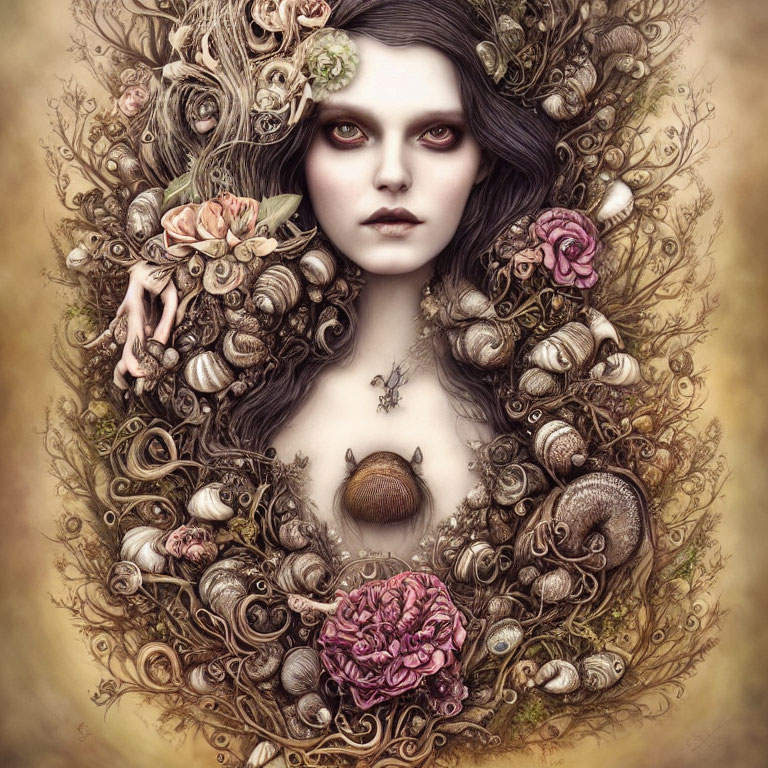 Dark-haired woman among flowers, vines, and snails in mystical setting