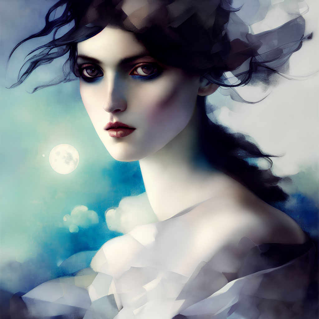 Digital artwork featuring woman with pale skin, dark hair, striking eyes, and moon backdrop