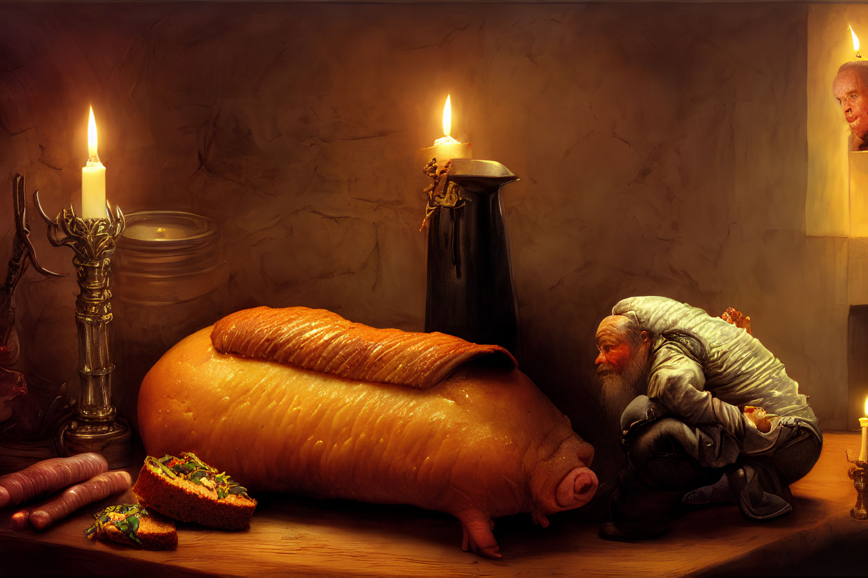 Elderly man with white beard near giant pig in sausage casing and candles on table