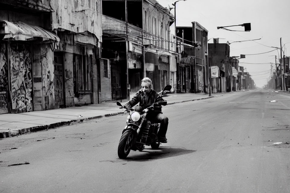 Motorcyclist rides through urban street with graffiti.