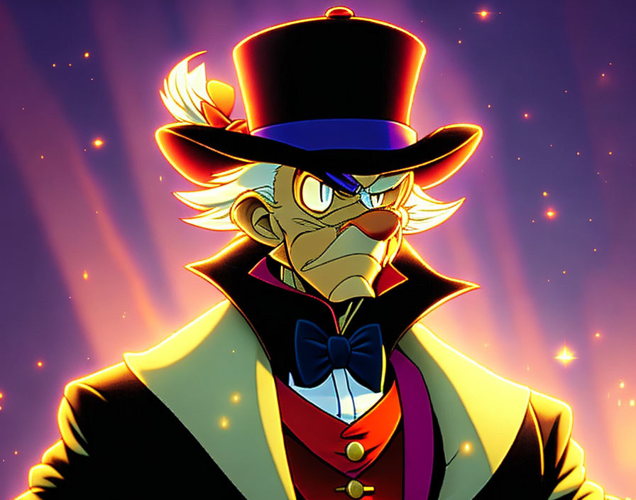 Grumpy animated character in top hat and monocle on starry backdrop