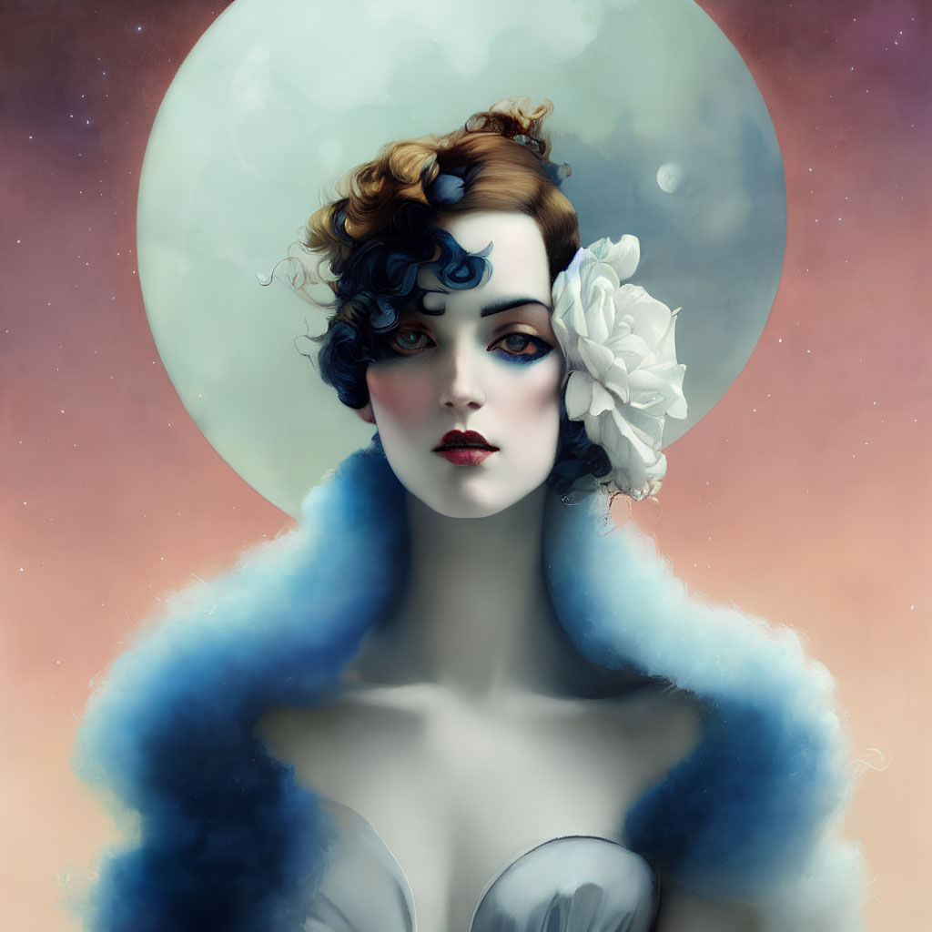 Illustrated portrait of woman with blue hair, white flower, red lips, and whimsical expression against