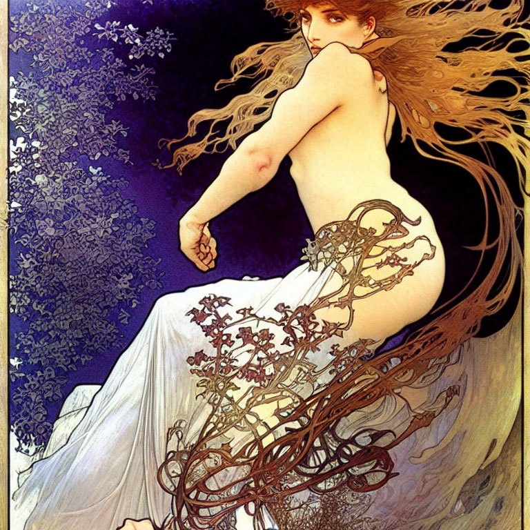 Art Nouveau Woman Illustration in Floral Dress and Night Sky