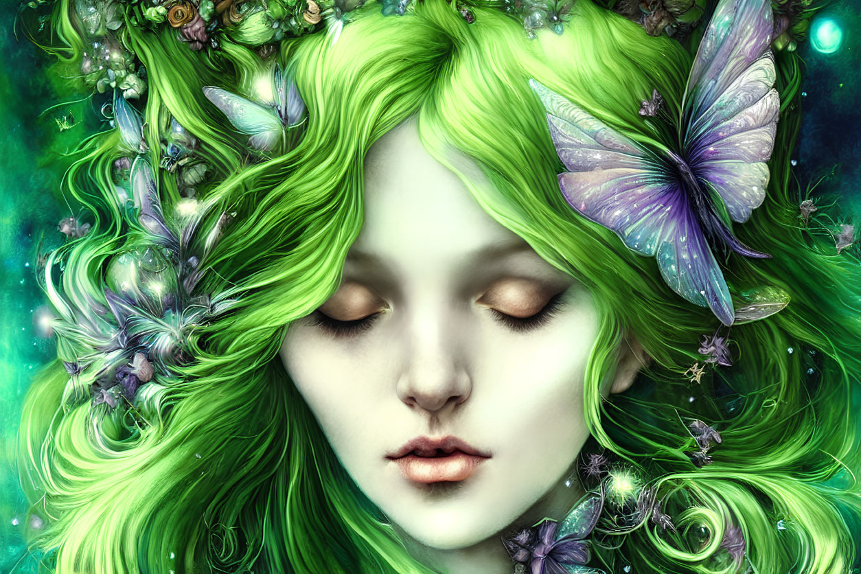 Fantasy illustration of woman with green hair and floral adornments in cosmic setting