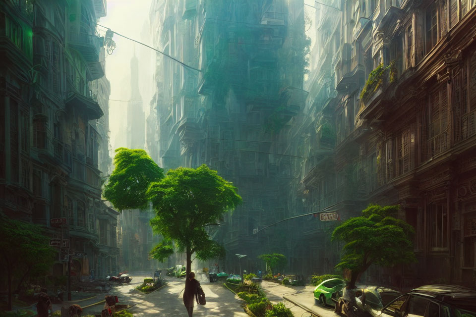 Futuristic cityscape with lone tree and figure in sunlight