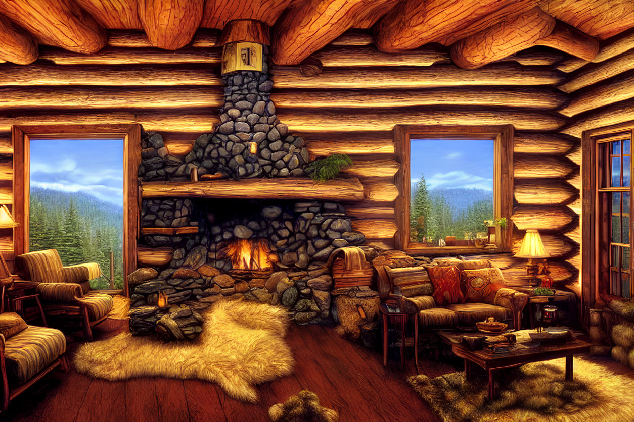 Rustic log cabin interior with stone fireplace and forest view