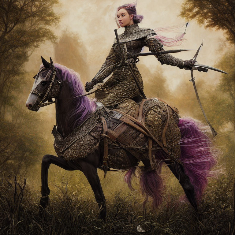 Warrior woman in medieval armor on black horse in misty forest landscape