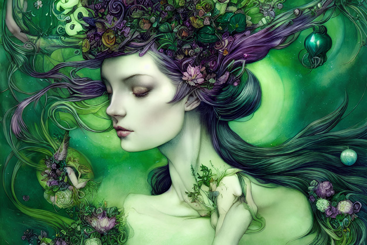 Fantasy digital painting of woman with green skin and purple hair.